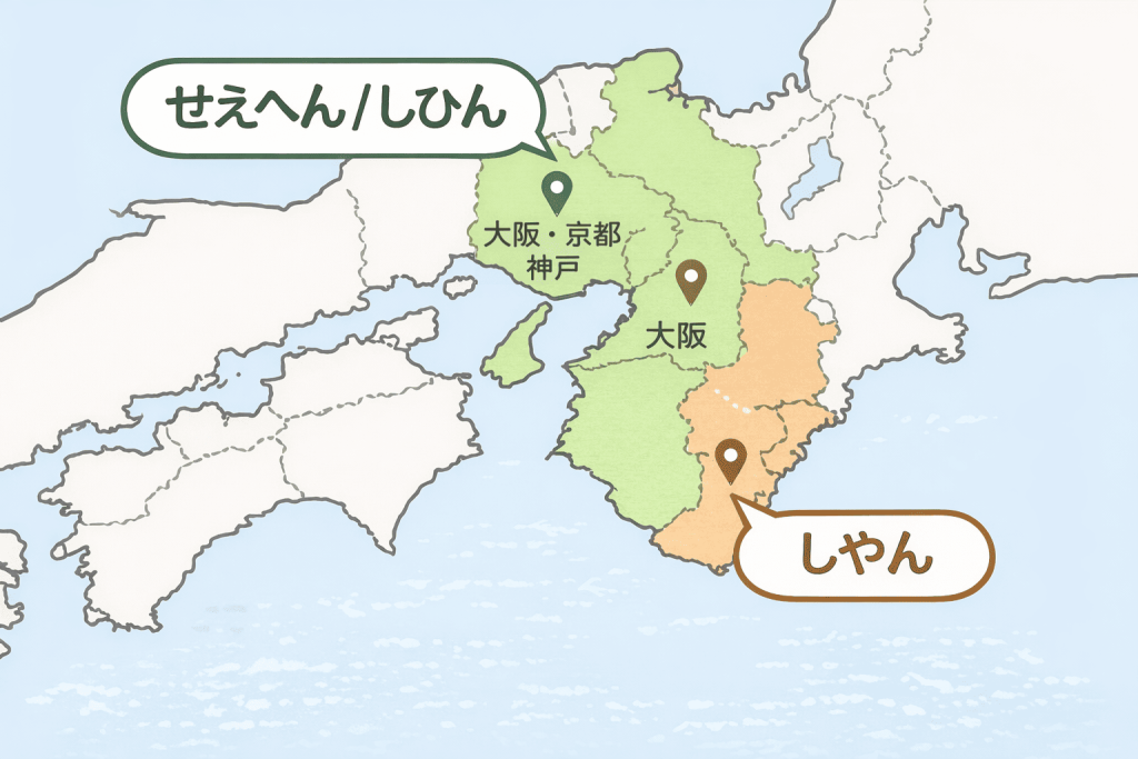 近畿地方のシンプルな地図イラスト。大阪・京都・神戸エリアに「せえへん/しひん」、三重・奈良・和歌山・大阪南部に「しやん」と表示。観光地名などは省略し、方言分布が一目で分かるデザイン。教育系Web記事向け、フラットで見やすい配色。